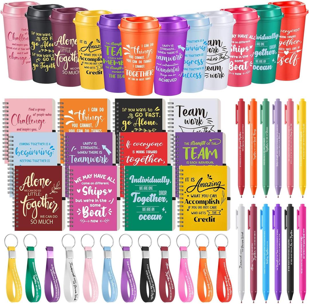 Skylety 12 Set/48 Pcs Team Appreciation Gift Set Christmas Employee Gift Bulk 16 oz Coffee Cups Thank You Mini Spiral Notebooks Pens Keychains for Staff Teacher Team Building (Classic Color)