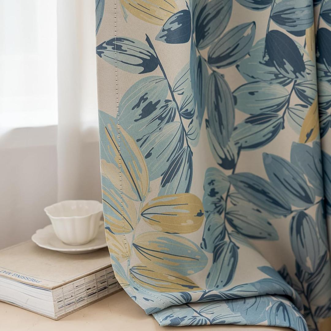 Blue Leaf Blackout Curtains for Bedroom Patterned 84 inches Long 2 Panels Room Darkening Window Drapes for Living Room (52"W x 84"L (Pack of 2))