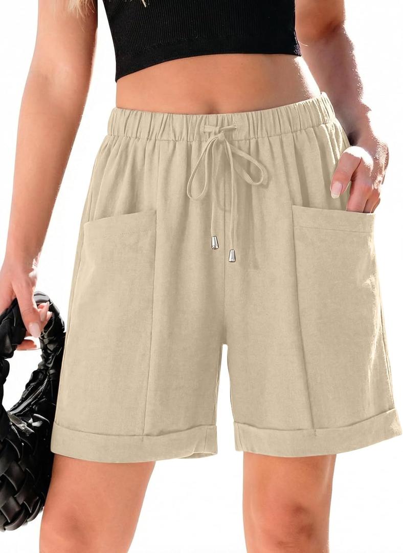 SHEWIN Women Shorts Casual Drawstring Linen Shorts for Women High Waisted 5 Inch Inseam Womens Summer Pants with Pockets, 2XL, Apricot