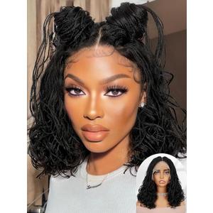 FANCEE Curly Braid Full Lace Wig Double Full Lace 14 Inch Curly Wavy Micro Box Braided Bob Wig with Baby Hair Pre Plucked Knotless Squrare Part Mini Braid Wig for Black Women