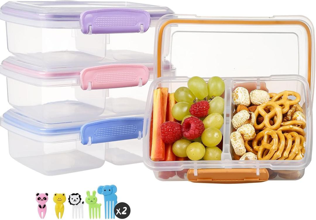 4 Pack Plastic Snack Containers with Lids, 2 Compartment Food Container for Kids Snack Box, Travel Bento Lunch Containers with forks for Fruits/Candies, Divided Food Storage Containers for School (Pink)