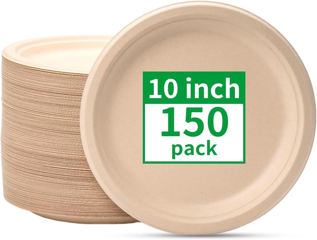 RACETOP Compostable Paper Plates 10 Inch [150 Pack], Disposable Biodegradable Heavy Duty Paper Plates, Made of Natural Sugarcane Fibers, Unbleached Brown, Round, 10 in - 150 count