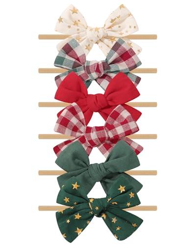 doboi 6PCS Christmas Baby Girls Headbands Hair Bows Star Nylon Cotton Linen Hairbands Fine Handmade Hair Accessories for Newborn Infant Toddlers Little Girls