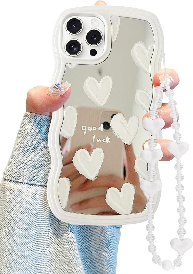 Jusy Compatible with iPhone 12 Pro Case with Wavy Edge, Cute White Heart Mirror Curly Phone Cases, Shockproof Hard PC & Soft TPU Bumper Protection Cover for Women Girls with Bracelet Chain