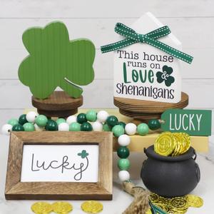 DAZONGE St. Patrick's Day Decorations, Lucky, Shamrock, Pot of Gold, Bead Garland, House Shape St. Patrick's Day Wooden Signs for Table Shelf Decor