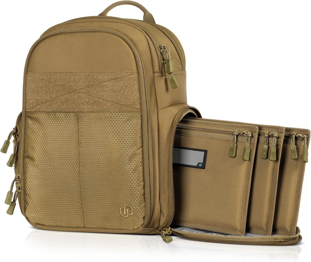 Savior Equipment SEMA Compact Tactical Range Pistol Backpack w/ 3 Gun Rug Sleeve (18" x 14" x 10", Flat Dark Earth Tan)