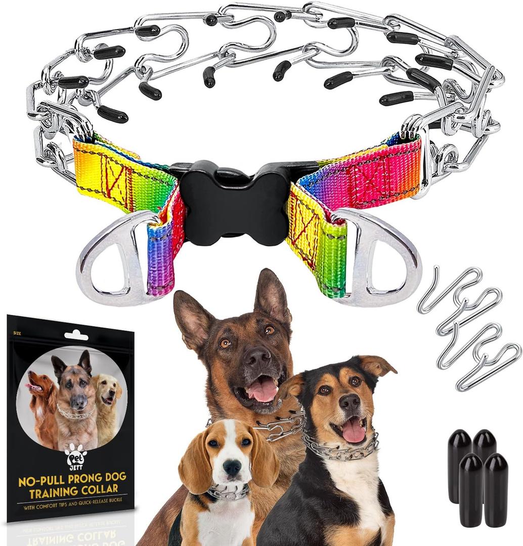 PetJett Prong Collar for Dogs Training Collar Adjustable Choke Collar for Dog Quick Release Pinch Collar for Dog for Small Medium Large Dogs No Pull Walking Tool - Stainless Steel Metal Choker Chain (X-Large: 20 - 23" / 90 lbs, Colorful)