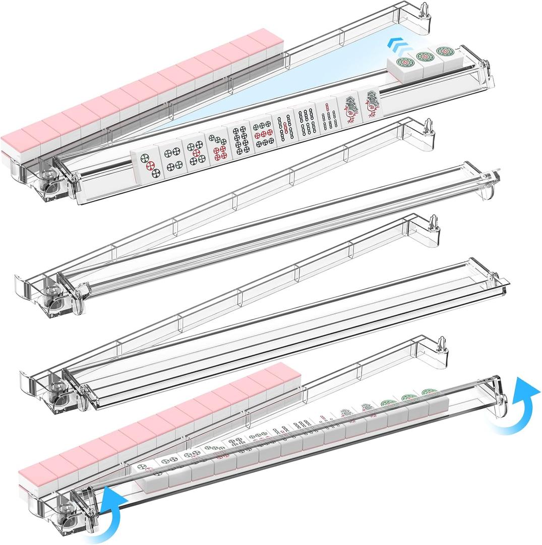 RESOVO Mahjong Racks with Pushers 4 Pack, Flip to Win-Latest Upgraded Feature, Acrylic Crystal Clear Mah Jongg Tiles Stand Holder Tray, Table Game Sets Gifts, American Mahjong Accessories Supplies
