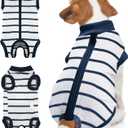 BENCMATE Dog Recovery Suit - Professional Pet Zip Up Onesie with Abdominal Wound Bandages, Substitute E-Collar & Cone (Large, Breton Stripes) L