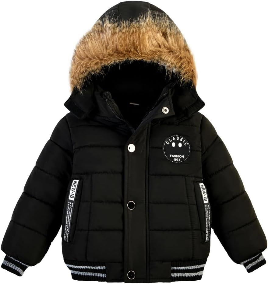AMIYAN Toddler Boys Down Jacket Fur Collar Hood Thick Warm Winter Snowsuit Coat Parka (5-6 Years, Black)