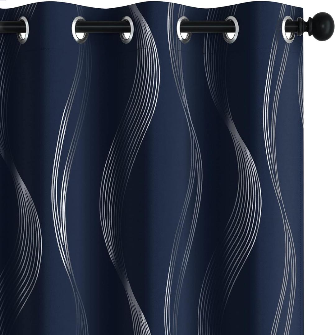 Deconovo Blackout Curtains - Silver Wave Print, Thermal Insulated, Noise Reducing, Privacy Drapes for Bedroom & Living Room (52W x 84L Inch, Navy Blue, 2 Panels)