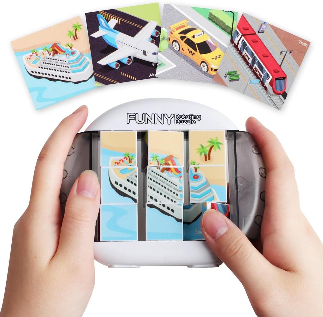 Fullware Rotating Puzzle for Kids 3 4 5 6 7 8 Year Old, 4 Puzzles in 1, Toddlers Travel, Car, Airplane, Road Trip Activities, Fine Motor Skills, Fidget, Gift for Boys & Girls Ages 3+ (Transportation)