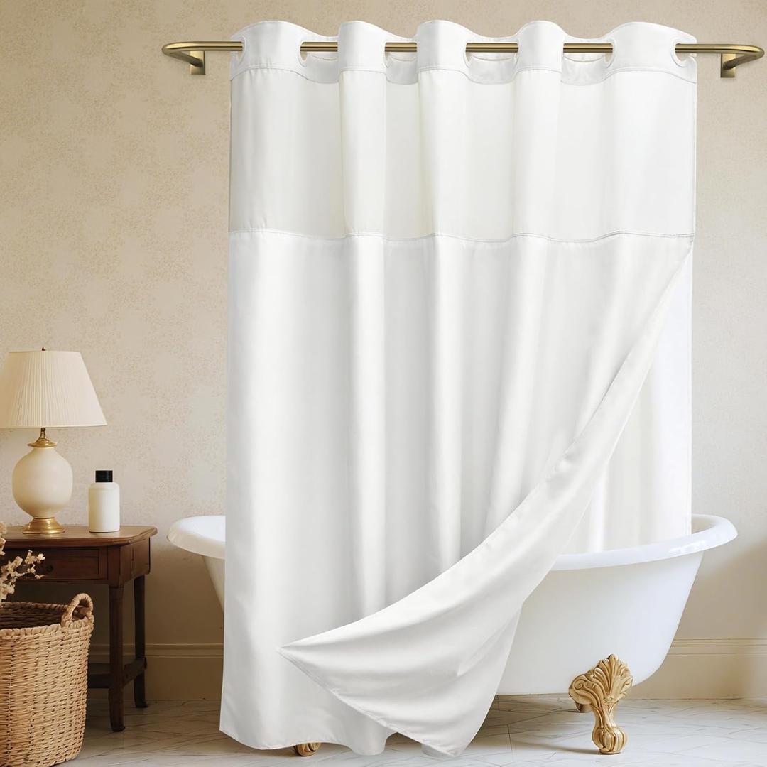 No Hook White Shower Curtain, Polyester Textured Shower Curtain with Snap in Liner Set, Waterproof & Washable Bath Curtains for Bathroom, 71Wx74H
