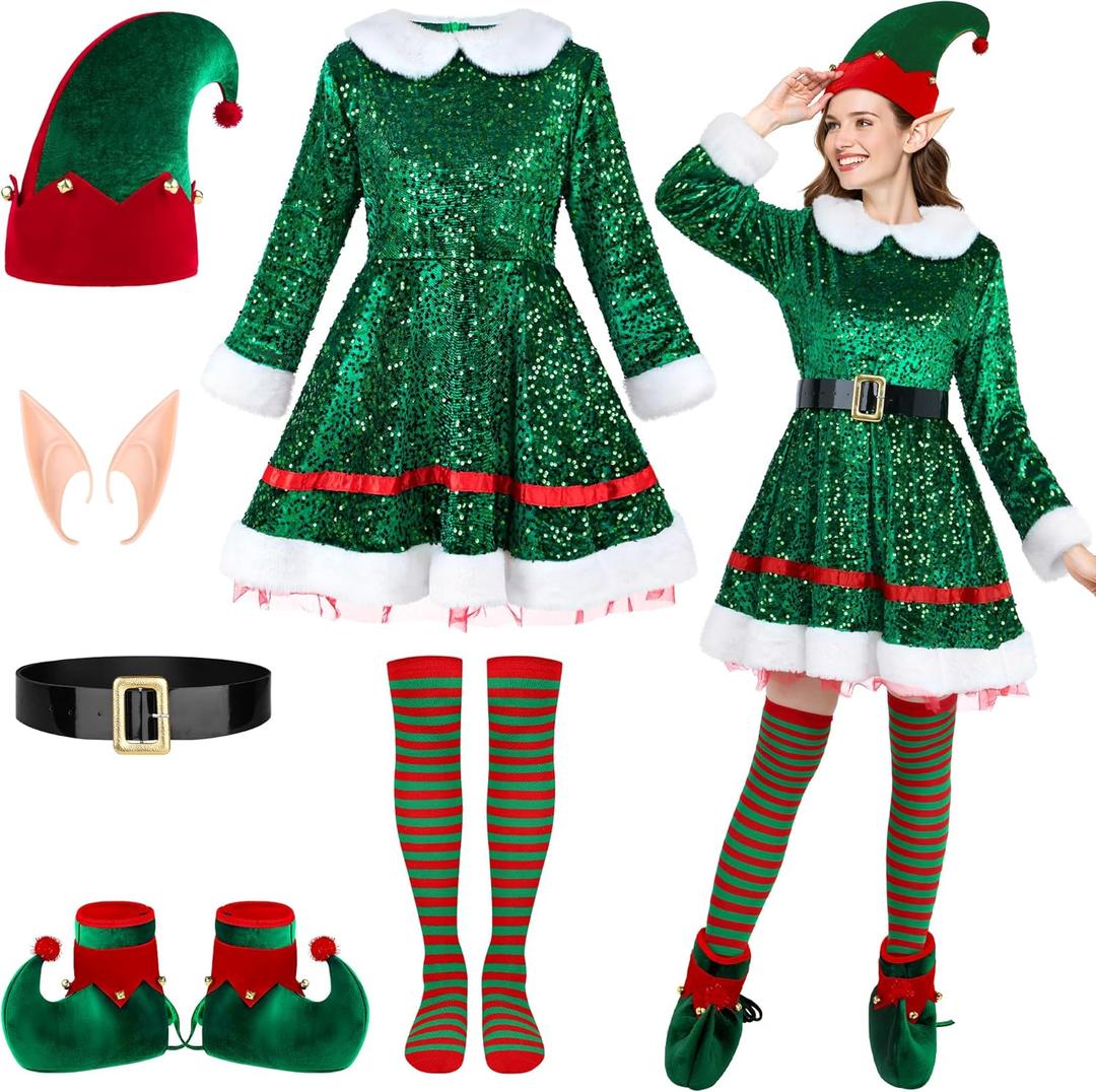 SOMSOC 6 Pieces Women Elf Sequin Costume Set Adult Christmas Sexy Elf Dress Outfit with Hat Shoes Socks Belf Ears for Cosplay (Large)
