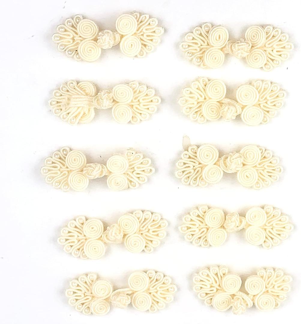 Heyiwell 10Pairs Chinese Frogs Button Closures Hook & Eye Fastener, Chinese Closure Buttons for Sewing Cheongsam Bridal Costumes DIY Home Decor 60 x20mm Beige