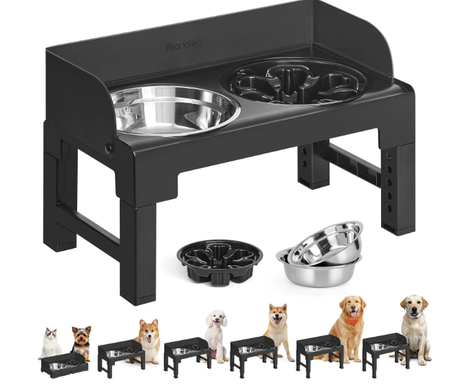 Feandrea Dog Bowls Elevated, Raised Stand with 1 Slow Feeder and Two 304 Stainless Steel Bowls, Adjustable Height and Tilted Design, Ink Black 