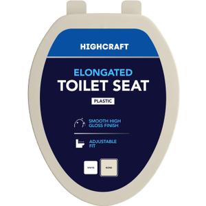 HIGHCRAFT Premium Elongated Toilet Seat with Adjustable Hinges - Molded Plastic Toilet Seat - Fits Standard Elongated Toilets - Oval Seat in Bone/Beige
