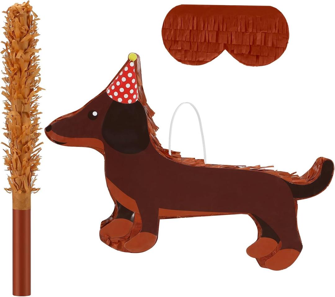 Seenelling Dachshund Dog Piata 3D Puppy Birthday Decoration with a Blindfold and Bat for Kids Girls Boys Gift Holiday Piata Party Baby Shower Supplies