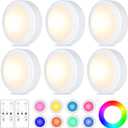 Yiliaw 6 Pack LED Puck Lights Remote Control 16 Color Changeable Under Cabinet Lights, Battery Operated Lights Night Light with Dimmer & Timmer for Closet Bedroom Kitchen, White