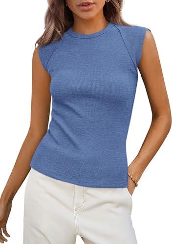 PRETTYGARDEN Women's Ribbed Tank Tops 2026 Summer Cap Sleeve Slim Fitted Knit Basic Casual Tee Shirts Trendy Fashion Clothes (Sky Blue, Medium)