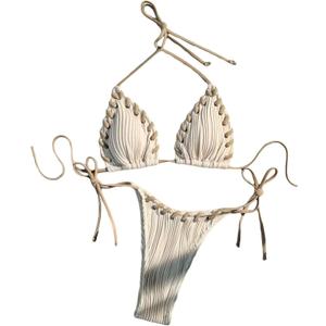 Falainetee Women's High Waisted Bathing Suit Shell Decor Tie Back Swimsuit Bikini Set 2 Piece (Medium, Apricot)