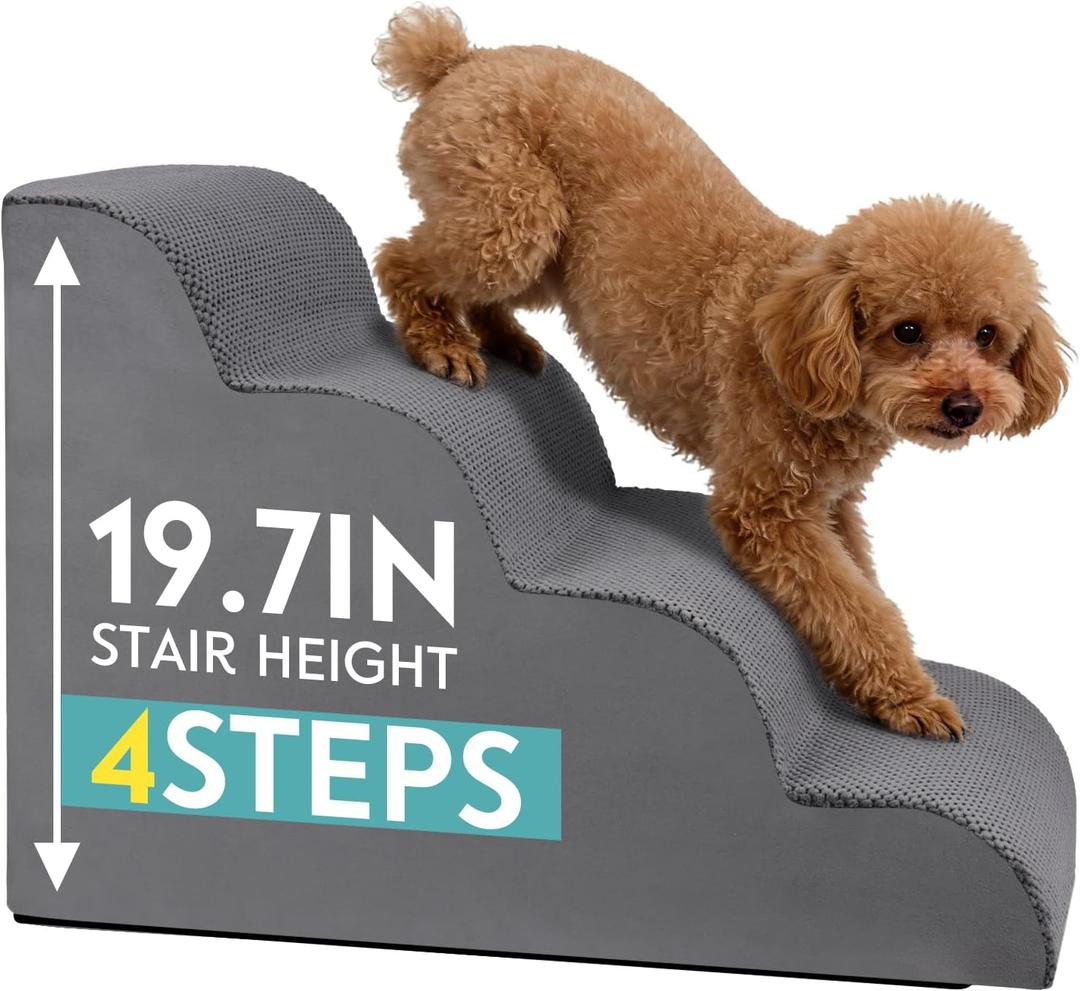 Dog Stairs for Small Dogs, 19.7" H Pet Stairs 4-Steps Ramp for Puppy, Older Cat, Stairs with Whole 30D High Density Foam, Corduroy Fabric, Non-Slip Bottom Dog Steps for Bed and Couch (Grey, 4-Step)