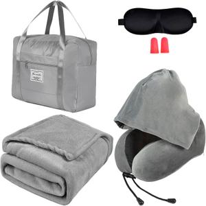Travel Blanket Pillow Set - Travel Neck Pillow & Blanket for Airplane, Thick Fleece Plane Blanket, Hooded Memory Foam Neck Pillows, Foldable Duffel Bag, Sleep Mask, Earplugs for Plane Traveling, Gray