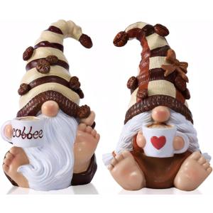 2PCS Coffee Gnomes Figurines Home Decoration Fall Gnomes Coffee Bar Accessories Decor Elfs Statue Cute Resin Housewarming Gifts for Women Tiered Tray Table Ornament, Sit 4.9H