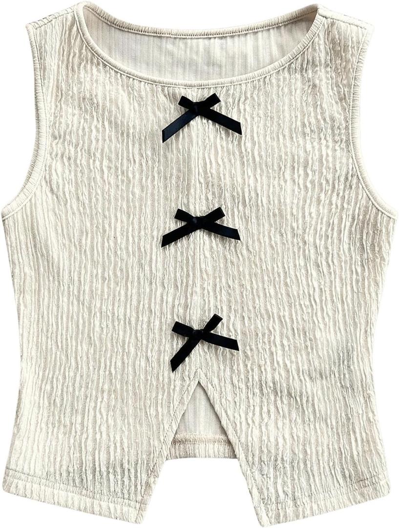 MakeMeChic Women's Textured Bow Knot Tank Top Crew Neck Sleeveless Slit Hem Crop Tops (Beige, XS)