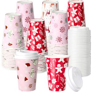 Jingmore 60 Pack 12 oz Christmas Disposable Hot Chocolate Coffee Cups with Lids, Christmas Pink Thickened Coffee Cups for Hot Cocoa Chocolate Beverages Tea Drinks Winter Xmas Holiday Party Supplies