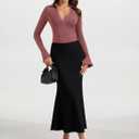 PINKMSTYLE Women Sexy V Neck Long Sleeve Bodysuit Slim Fit Ruched Going Out Y2K Top Flared Sleeve Collared Shirts Fall Outfit (S)