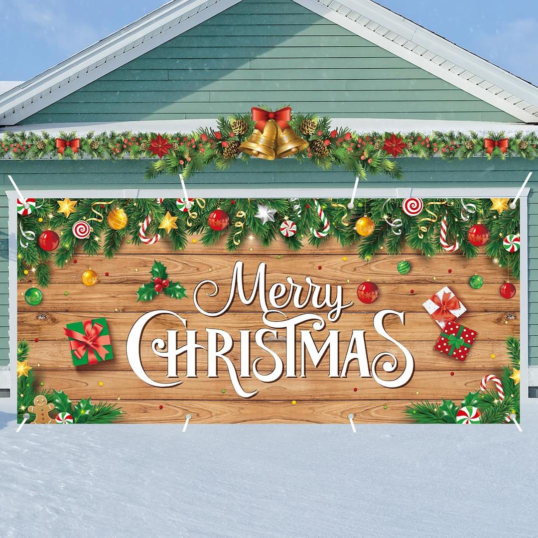 HunnmingRe 16 x 7Ft Christmas Garage Door Banner Decoration Magnetic Garage Door Covers Large Christmas Backdrop Decorations for Indoor Outdoor Xmas Party(Wood Style)