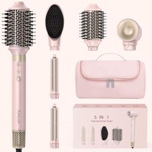 5 in 1 Ionic Hot Air Styler, 1400W Powerful Hair Dryer Brush, Auto-Wrap Curlers, Paddle Brush for Fast Drying, Volumizing with Travel & Storage Bag Compatible with Dyson Airwrap (Champagne Pink/Gold)