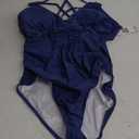 Charmo Tummy Control One Piece Swimsuits for Women Ruched Bathing Suits Strappy V Neck Monokini (Large, #1b Blue)