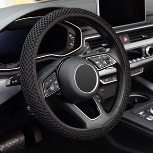 KAFEEK Elastic Stretch Steering Wheel Cover, Warm in Winter and Cool in Summer, Universal 15 inch, Microfiber Breathable Ice Silk, Anti-Slip, Odorless, Easy Carry, Black