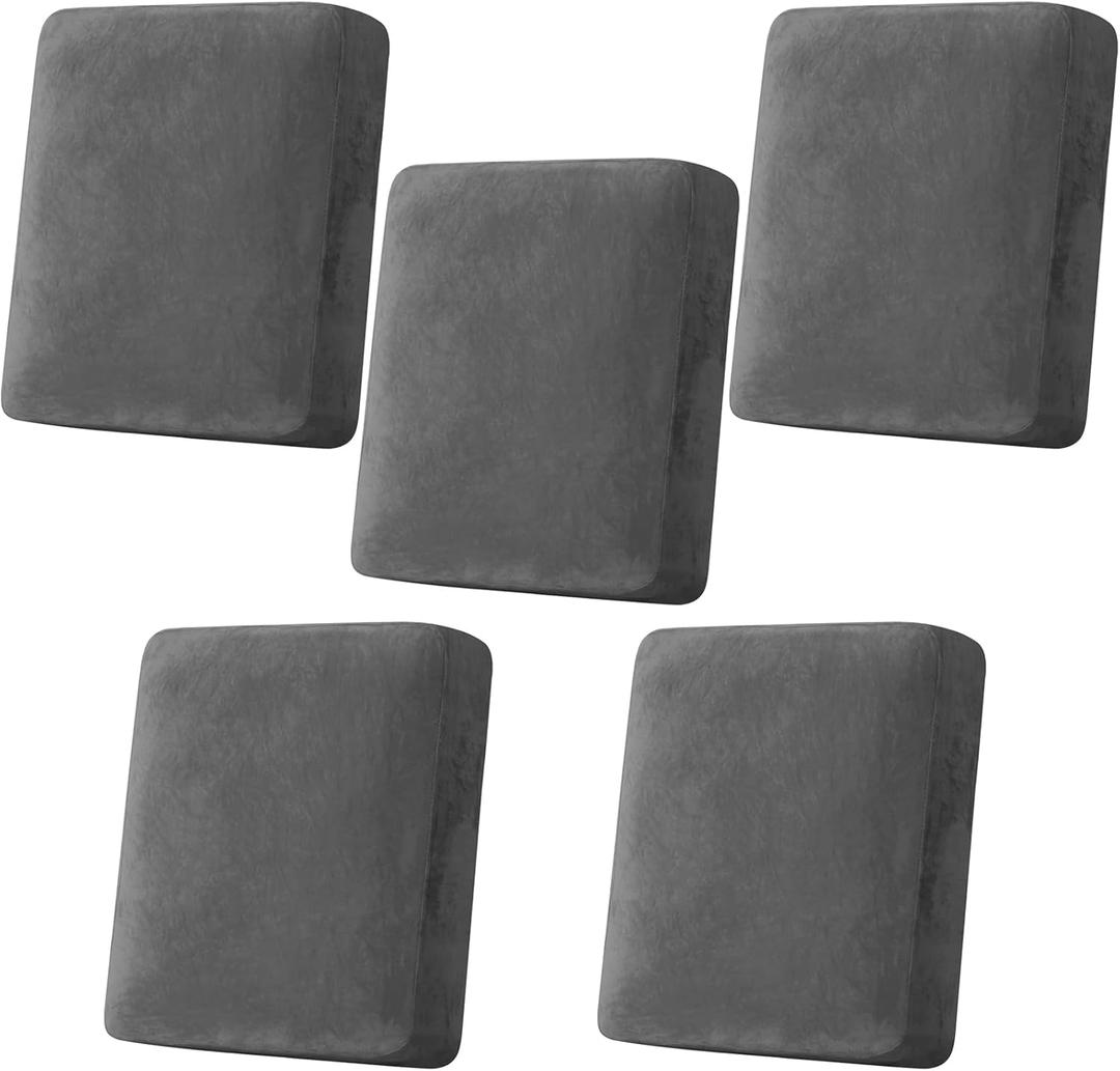 5 Pcs Velvet Stretch Individual Couch Cushion Covers Grey Loveseat Sofa Couch Plush Seat Slip Cover Fabric Washable Elastic Nonslip Soft Thick Smooth Sectional Chair Furniture Protector