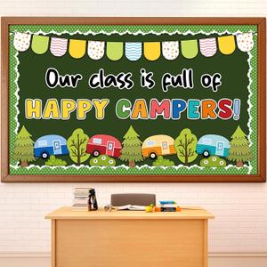 Justforjoyful Camping Bulletin Board Decoration Set Summer Camping Tents Cut Outs Happy Camper Trim Border Vintage Trailer Classroom Decor for Woodland Party School Chalkboard Wall Nursery Decor, 35.43 x 59.06 inches