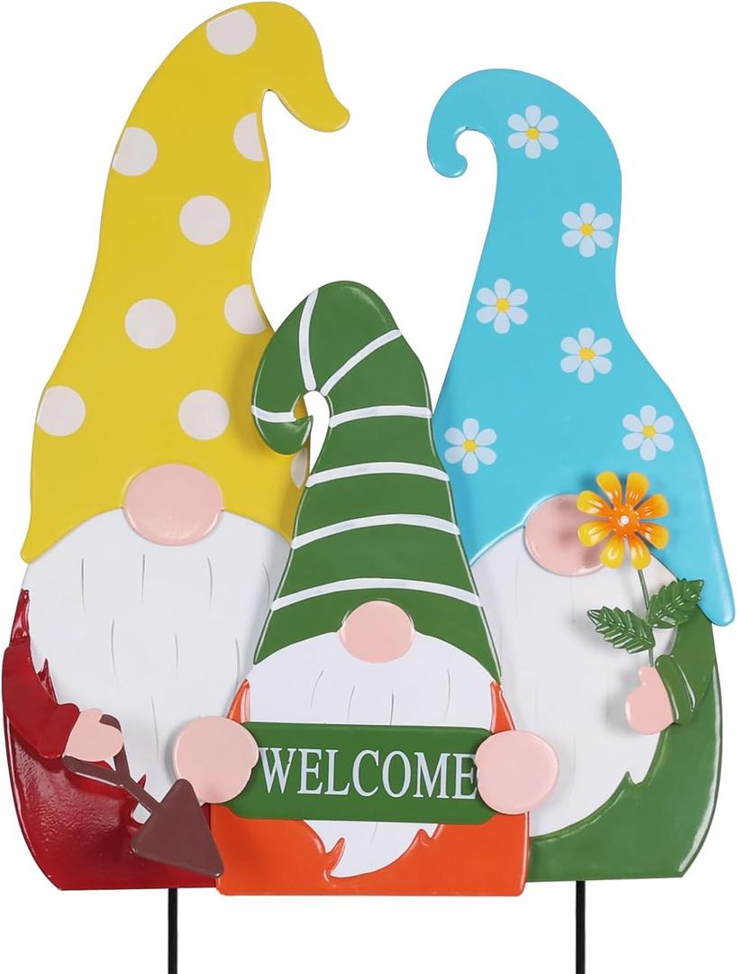 YEAHOME Garden Decor for Outside, 28 Metal Family 3 Gnomes Decorative Garden Stakes with Flowers for Spring Decor, Welcome Yard Sign Art Stake for Outdoor Lawn Backyard Porch Pathway Decorations