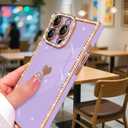 for iPhone 15 Pro Case Cute Love Heart Plating for Women, with Screen Protector, Glitter Sparkle Rhinestone Diamond Border Design Slim Rectangle Wireless Protection Case Cover, Purple