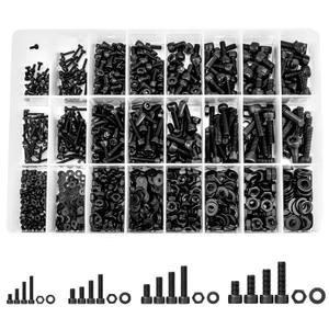 1390 Pcs M2 M3 M4 M5 Metric Screw Assortment, Grade 12.9 Alloy Steel Hex Socket Head Cap Nuts Bolts Washers Kit, Black Zinc Plated and Anti Rust Metric Screw Set 16 Sizes 4MM to 20MM