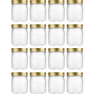 novelinks 8 oz Clear Plastic Jars with Screw-On Lids - BPA-Free Refillable Storage Containers for Slime, Spices, Crafts, Kitchen & Home Organization (16 Pack, Gold)
