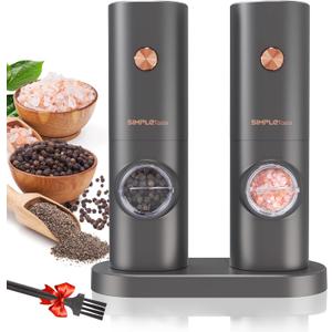 SIMPLETASTE Electric Salt and Pepper Grinder Set, One-Handed, Battery Powered, Adjustable Coarseness, LED Light, Pepper mills with stand, Seasoning Tools for Kitchen, Dining or Gifting (Space Gray)