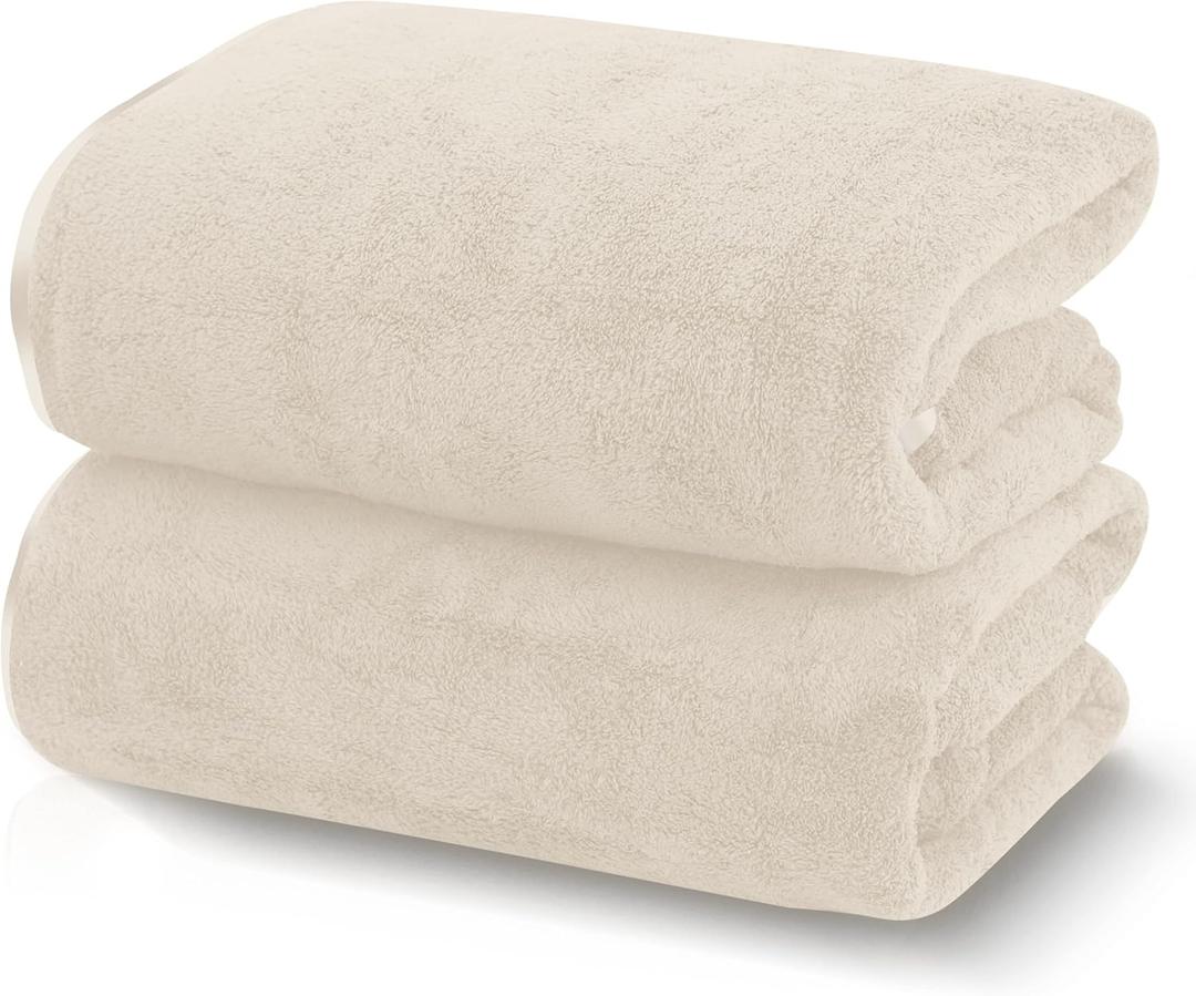 TENSTARS Silk Hemming Bath Towels for Bathroom Clearance - 27 x 55 inches - Light Thin Quick Drying - Soft Microfiber Absorbent Towel for Bath Fitness, Sports, Yoga, Travel, Gym - 2 Pack, Cream