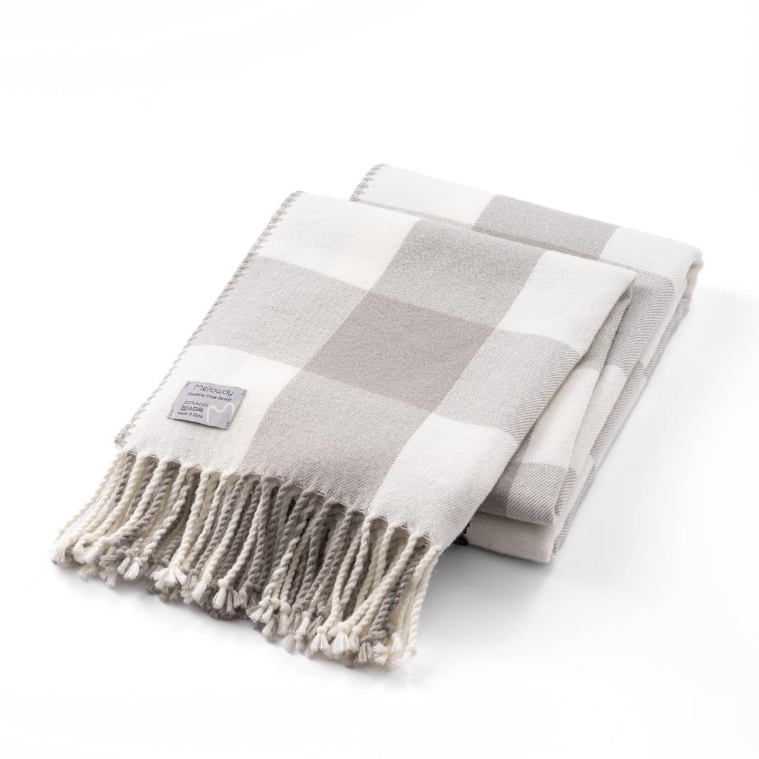 Mellowdy Classic Checkered Blanket - Faux Cashmere Plaid Throw with Fringe - Soft Woven, Lightweight, Farmhouse, Vintage Inspired Décor for Couch, Chair, Office (Light Grey, 50x60)