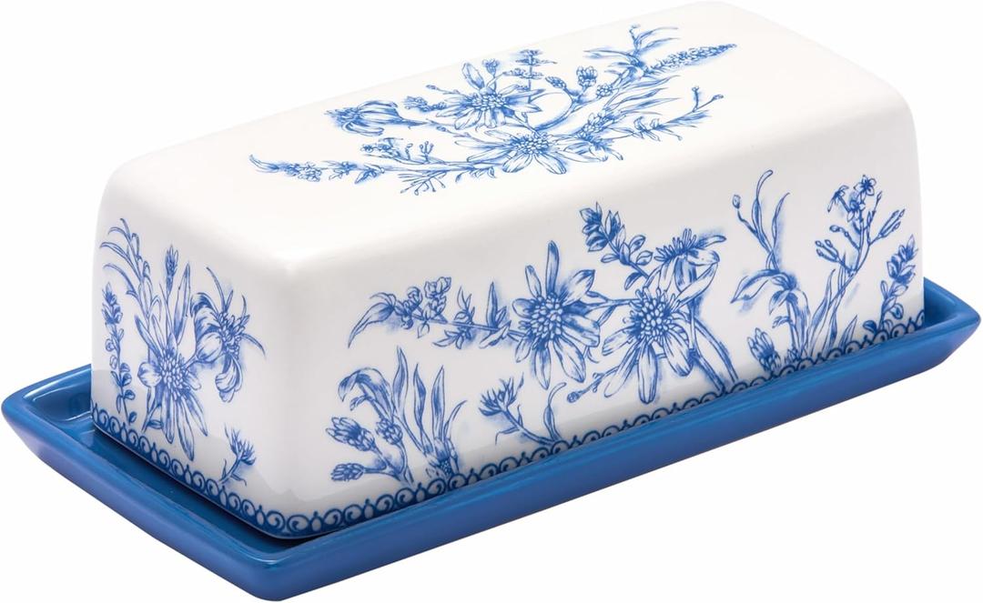 Bico Blue Garden Toile De Jouy Ceramic Butter Dish with Lid, Wide Butter Keeper for Counter, Kitchen Countertop, Microwave and Dishwasher Safe