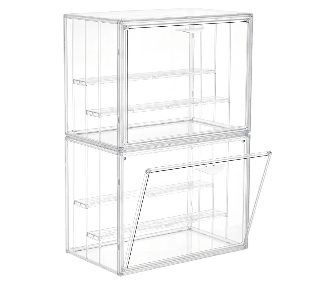 Acrylic Display Case for Collectibles 3 Layer Adjustable Figure Display Cases with Magnetic Door Clear Stackable Display Box for Figures Showcase, 2 Pack