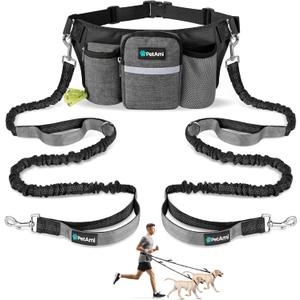 PetAmi Premium Hands Free Dog Leash for 2 Dogs, Adjustable Waist Belt Leash for Dog Walking, Fanny Pack Accessories Bag Dual Bungee Leash for Running, Hiking, Jogging, Biking, Charcoal Grey