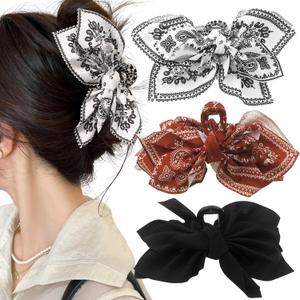 3 PACK Large Bow Western Hair Claw Clips,Boho Bandana Hair Bows Clips for WomenThick Hair Non-slip Hair Accessories for Girls