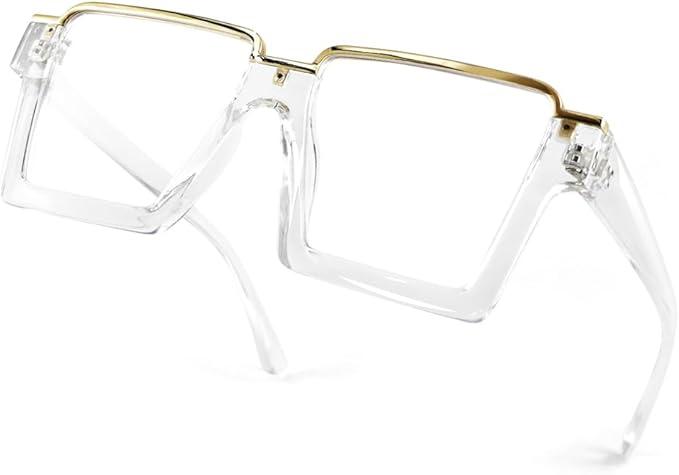 Laemzinv Oversized Square Blue Light Glasses for Women, Large Semi Rimless Thick Frame Reading Blocker LA044