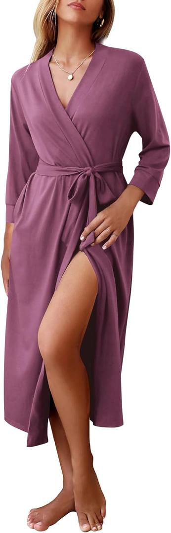 Ekouaer Women Robe Long Knit Bathrobe Lightweight Soft Summer kimono Robes Casual Loungewear with Attached belt (Small, Purple Red)